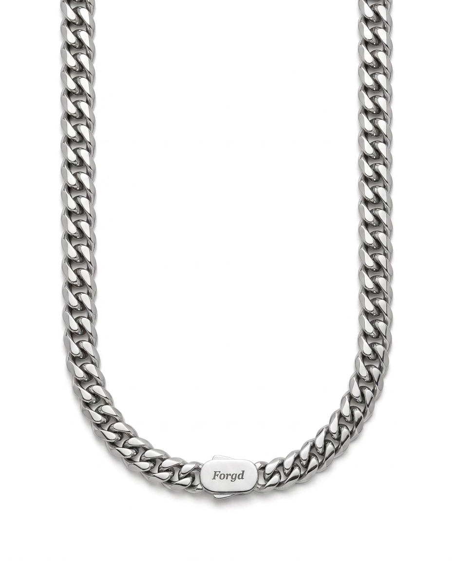 FORGD 8mm silver Cuban link chain worn at 22 inches, mid-chest